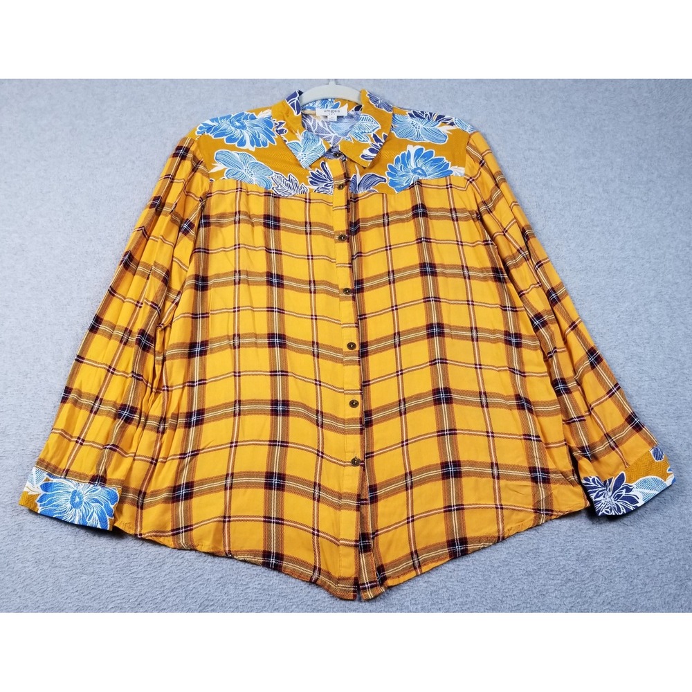 Umgee Button Up Shirt Women's Medium M Yellow Blue Floral Plaid Boho See Through